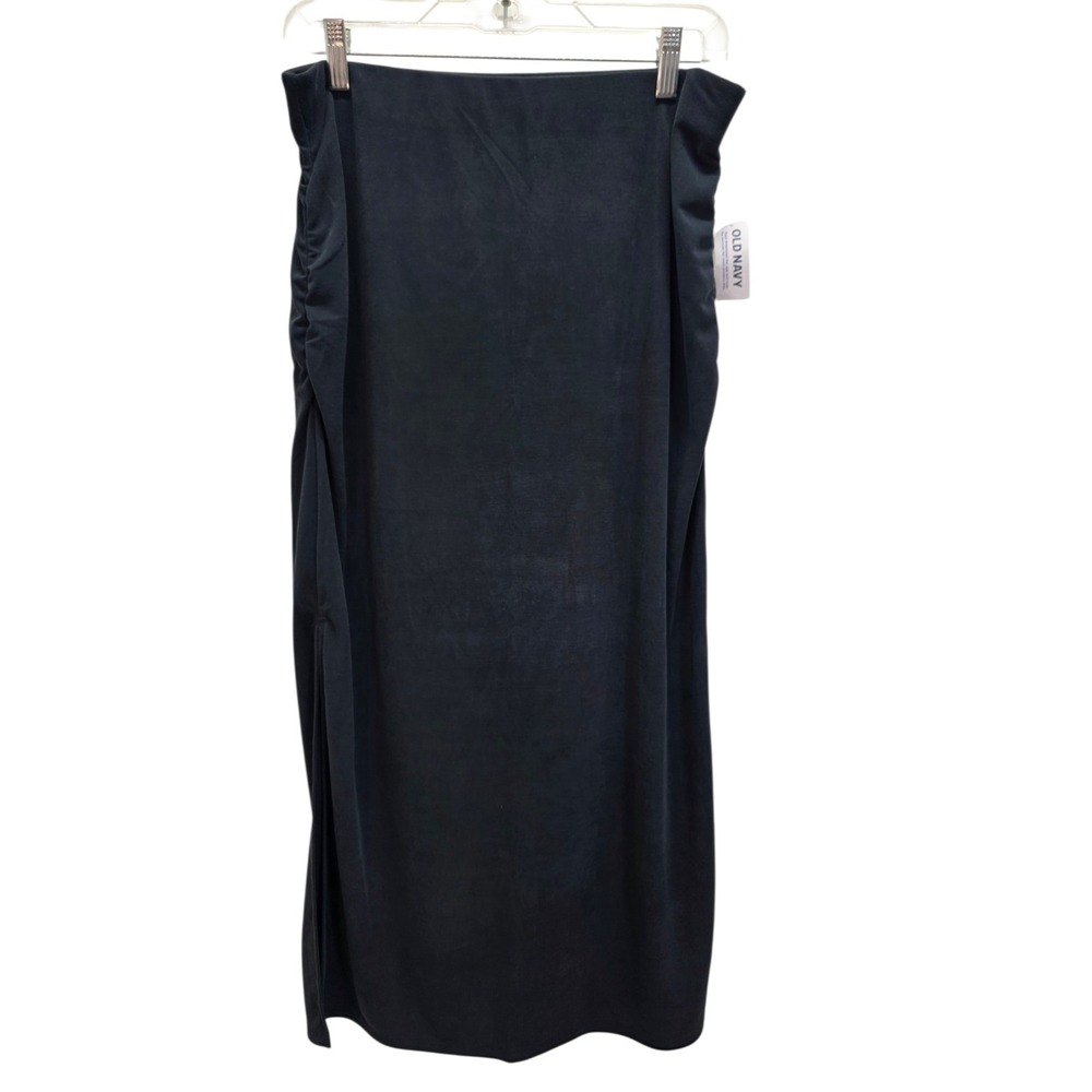 NWT Old Navy Midi Skirt Large Petite Dark Blue Charcoal Ribbed Ruched Side Slit